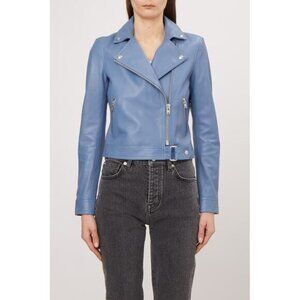 NEW Iro Lamb Leather Kolmar Cropped Moto Jacket Women's Light Blue Size: 10